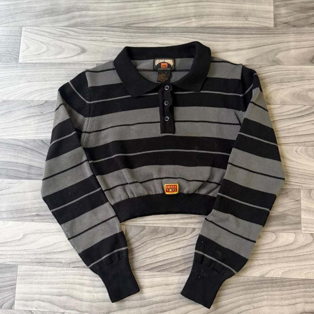 Vintage FB County Girl Y2K Striped Cropped Long Sleeve Rugby Shirt